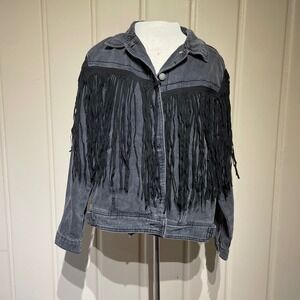 Veveret Gray Denim Jacket with Black Faux Leather Fringe Western Style‎ Medium